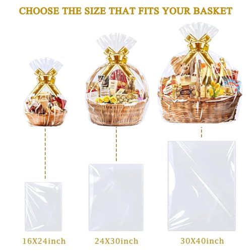 Image of PigPotParty Cellophane Bags for Gift Baskets, 24x30 in, 10 Pack, Gold Bows | Thick clear OPP holds shape; seamless bottom resists tears; easy-to-use large pull bows save time and add a polished finish