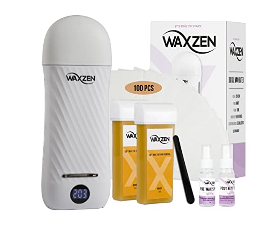 蜡滚筒套件,卷蜡套件,WAXZEN 数字卷蜡加热器套件,用于脱毛的卷蜡加热器,2 个蜂蜜蜡盒,100 条,前后蜡喷雾