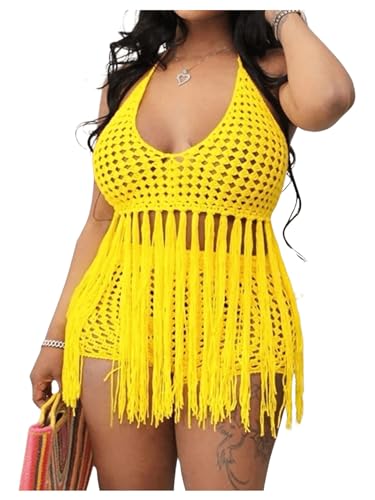 BEAUDRM Women's Plus Size 2 Piece Crochet Swim Cover Up Set Fringe Hem Halter Beach Top and Shorts Coverups Beachwear Yellow 1XL