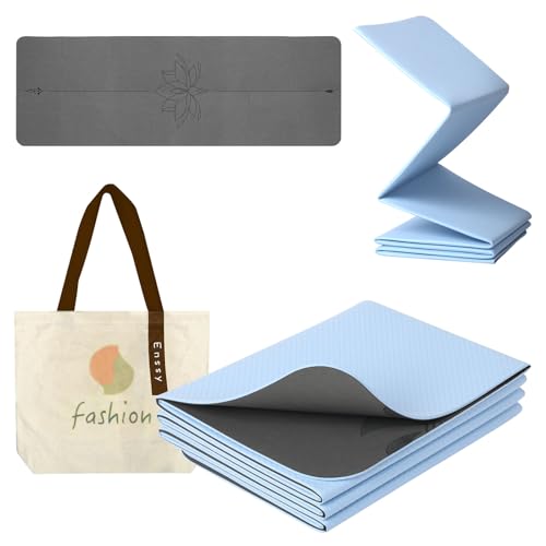 Enssy Halkfri hopfällbar resmatta, PU+TPE, 173 x 61 x 0,4 cm, lätt vikbar för resor hopfällbar yogamatta med bärväska träning pilates