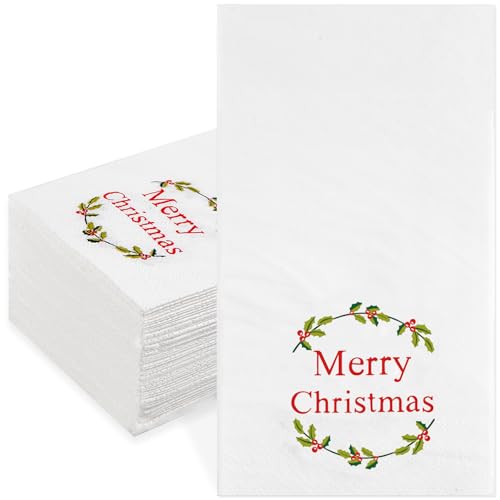 Quera 50 Pack Christmas Wreath Paper Napkins Disposable Merry Christmas Hand Towels Decorative Table Napkin for New Year Winter Dinner Merry Christmas Holiday Xmas Party Supplies