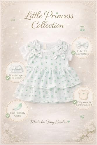 Image of Bold N Elegant Baby Girl Cotton Summer Dress Frock with Cherry Print n Bow | Short Sleeve Casual Outfit for Infant Toddler Girls