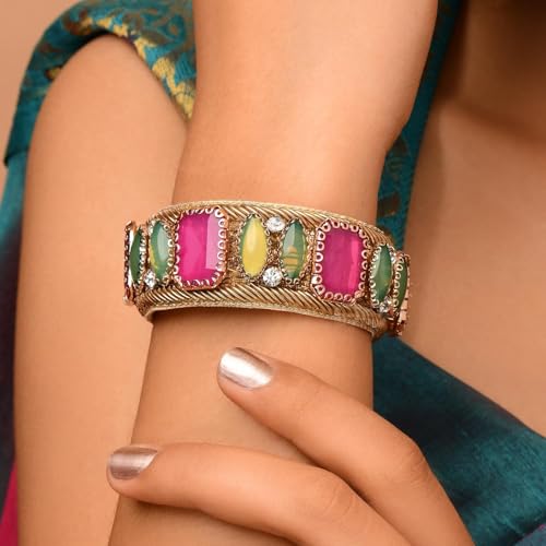 Image of SANJOYA Gold Plated Traditional Embroidered Jewellery for Women & Girls | Stone Studded Wedding, Festive, Mehendi, Sangeet Collection | Necklace, Earrings, Maang Tikka, Bracelet & Ring