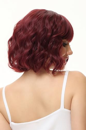 Image of Rose bud Wavy Bob Wig with Bangs Natural Wine Red Wig Synthetic Hair Shoulder Length Short Curly Wigs for Women