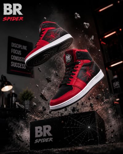 BROOMI High-Top Sneakers with Spider Web Print, Lace-Up RED_BLACK - Image 3