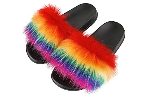 Image of Hangrui Women's Faux Fur Slides, Open Toe Cute Fluffy Slippers, Comfortable Furry Sandals