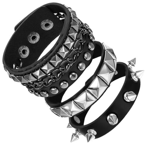 Punk Rock Studded Bracelet Set, Spiked Leather Cuff Bracelets for Women Men 80s, Gothic Adjustable Wristband Emo Accessories