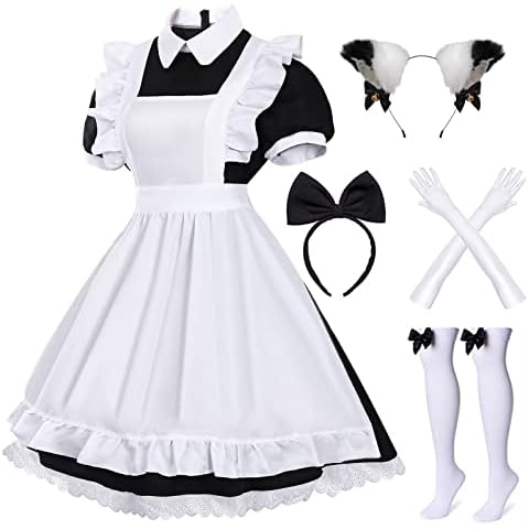 Alaiyaky French Maid Outfits for Women Set, 5PCS French Cosplay Costumes for Women includes Gloves Headwear Socks Set (XL, Black-white) Cover