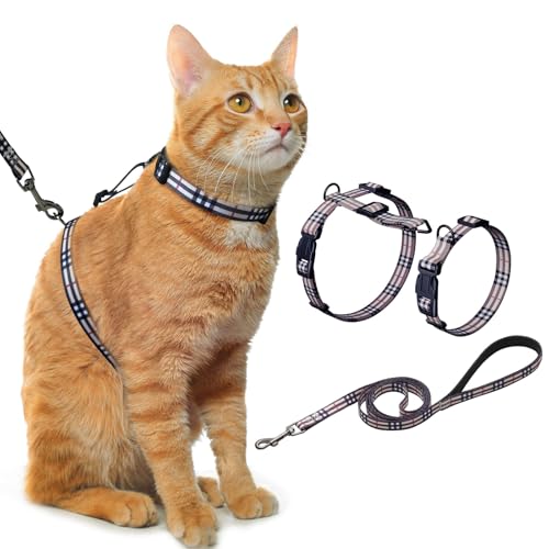 Hikiko Cat Harness and Leash Set Escape Proof Adjustable Walking Travel Soft Kitten Harness for Small Medium Large Cats (Khaki Plaid, S)