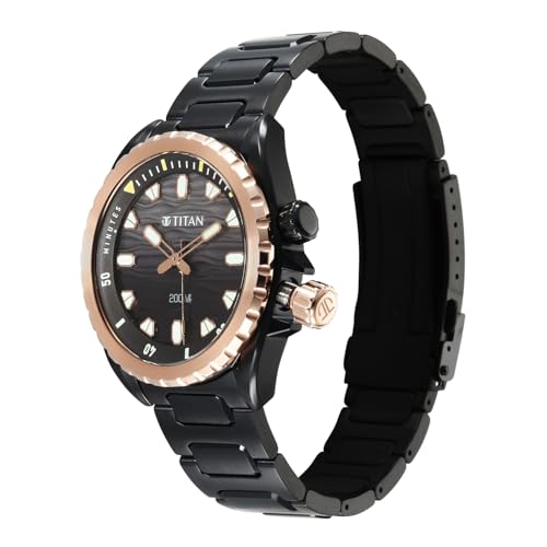 Image of Titan Zero Hour Diver's 200m Analog with Black Dial Black Stainless Steel Strap Watch for Men - 10068KM02