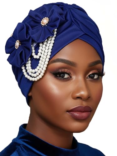 Woeoe Pearl Flower African Hats Pre-Tied Turbans Stretchy Twisted Church Wedding Head Wraps for Women (US Alpha One Size Large Blue)
