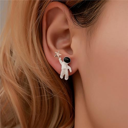 Asymmetric Astronaut Star Small Stud Earrings for Women Creative Cute Cartoon 3D White Spaceman Meteor Planet Universe Hypoallergenic Earrings for Space Science Lover Fashion Jewelry Gifts2