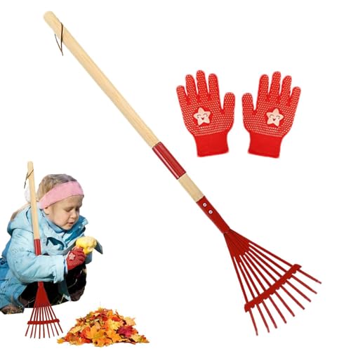 Rastrillo Infantil para Hojas, con Guantes Mango de Madera Desmontable de 69 cm, Rastrillo de Jardín para Hojas, para Acampada Exploración al Aire Libre Jardinería Mantenimiento de Césped