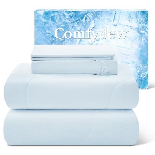 Image of Cooling Comforter King Size Set 4 Pieces, Summer Blanket with Dual-Sided Cool Tech, Deep Pocket Fitted Sheet Fits Up to 18 inch, Q-Max>0.55 Thin Comforter for Hot Sleepers, with 2 Pillowcases, Blue