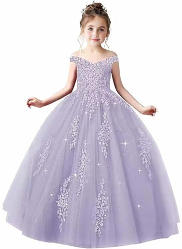Off Shoulder Tulle Flower Girl Dresses for Wedding Lace Appliques Pageant Dresses for Girls Party Ball Gown