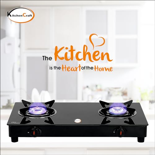 Image of KitchenCraft 2 Burner Toughened Glass Top |LPG Gas Stoves|Black|Manual Ignition|Fixed Stainless Steel Drip Trays|Anti-Skid Feet|KCGT 2001