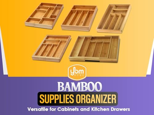 Image of YBM Home Bamboo Cutlery Tray Flatware Silverware Drawer Organizer with 5 Compartments, 338
