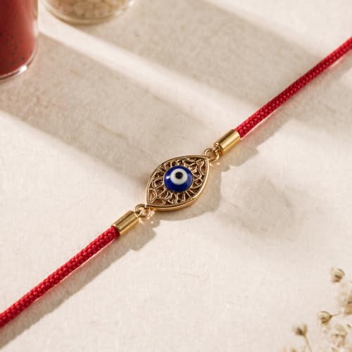 Image of PALMONAS Demifine 18K Gold Plated Evil Eye Rakhi for Brother - Waterproof & Anti-Tarnish Designer Rakhi for Men | Premium Raksha Bandhan Rakhee with Roli Chawal