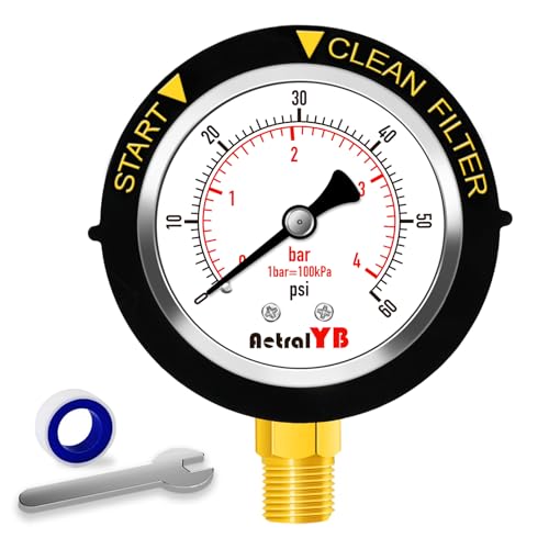 AetralYB 0-60PSI Pool Filter Pressure Gauge, 2 inches Dial, 1/4' NPT Bottom Mount, 304Stainless Steel Case, IP67 Waterproof, Clean Filter Indicator, for Swimming Water Pump Spa Aquarium Pressure Test