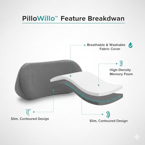 Image of PilloWillo Lumbar Support Wedge Pillow for Car Seat & Office Chair | Memory Foam Back Cushion for Lower Back Pain Relief | Ergonomic Waist Support for Driving, Office & Long Travel Sitting | Silver