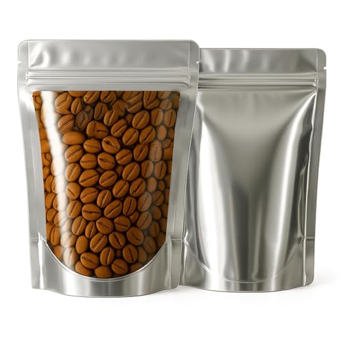 Image of Transparent Front /Silver Back Stand-Up Zipper Pouch, 8.5cm x 14cm, Pack of 10, Food Grade, Reusable LDPE Zip Lock Bags for Food Storage & Packaging Capacity 50g