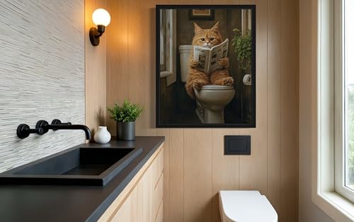 Image of Cat 3 on Toilet Black Framed Wall Art Print Poster, Dog Bathroom Humor Decor Posters Prints for Restroom Home Picture Painting Artwork Gallery 7 (Cat 3, 20 inchL x 16 inchW, Black Frame)
