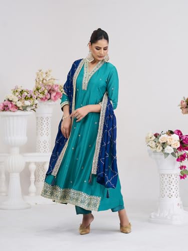 Image of MOKOSH Women's Silk Embroidery Anarkali Kurta Pant with Dupatta | Anarkali Kurta Set |Embroidered |V Neck Full Sleeve Ethnic Suit |3 Piece Outfit