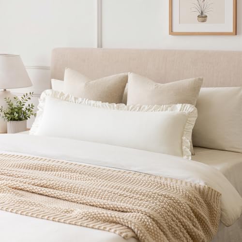 Image of Foindtower Set of 1 Decorative Linen Fringe Ruffle Throw Pillow Cover Long Lumbar Farmhouse Cushion Cover Body Boho Accent Retro Pillowcase for Couch Bed Living Room Home Decor,14x36 Inch,White