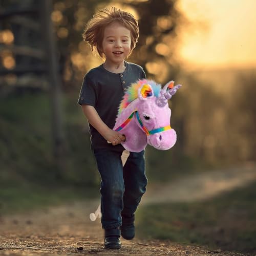 BEJOY Hobby Horse, Stick Horse Toy with Wood Wheels Real Pony Neighing Galloping Sounds Plush Toy, Unicorn Plush Toy Gift for Kids, Purple 36 inches (AA Batteries Required) - Image 3