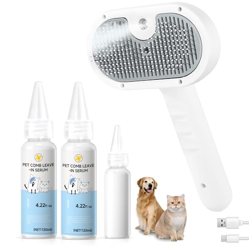 Pet Steam Brush for Dog & Cat - Pet comb leave-inserum for Shedding & Hair Removal - Self Cleaning Spray Comb with Mist for Long Haired Pets - Includes 2*Waterless Shampoo Grey