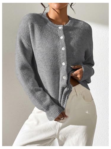 Image of SweatyRocks Women's Fall Button Down Lightweight Cardigan Ribbed Knit Long Sleeve Crew Neck Sweater