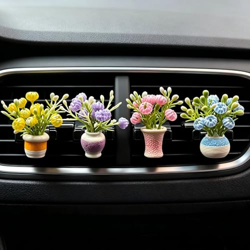 Image of Set of 4 Cute Flower Bouquet Car Air Freshener Vent Clips, Mini Artificial Flowers for Car Air Vent Decoration, Auto Interior Dashboard Ornament Accessories (Jasmine)