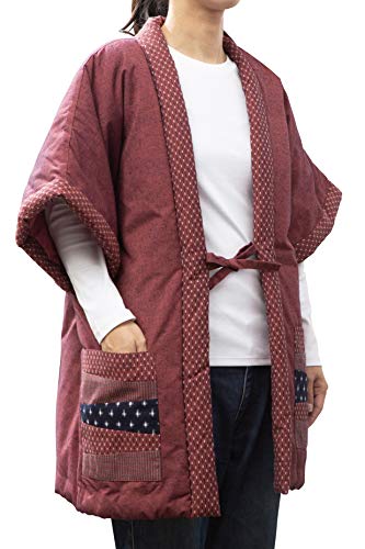 綿の郷(ワタノサト) 袖無し奴はんてん 家事に便利 【女性用】 久留米織ポケットパッチ 干せば膨らむ 中わた綿入り本場久留米袢纏はんてん 半纏 半天ちゃんちゃんこ 丹前 (エンジ)