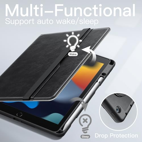 JETech 回転ケース iPad 9/8/7用 (10.2インチ、2021/2020/2019モデル、第9/8/7世代) Pencilホルダー付き 360°回転 PUレザー フォリオ保護カバー (ブラック)