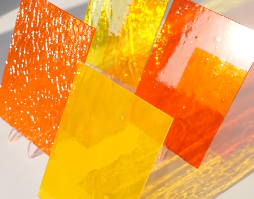 CHICSHIS 4 Sheet Vibrant Stained Glass Sheets for DIY Crafts 4x6 inch Colored Textured Cathedral Glass for Mosaic Art Making Project (Yellow&Orange)