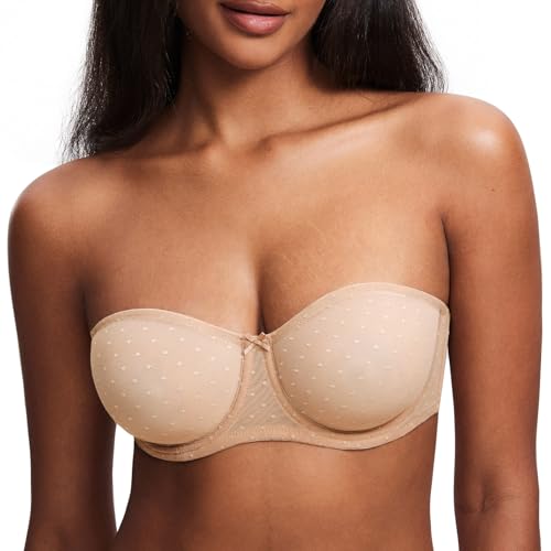 Image of DOBREVA Women's Mesh Strapless Bra Sheer Unlined See Through Underwire Bras Plus Size