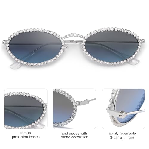 SOJOS Retro Skinny Oval Rhinestone Sunglasses for Women 90s Styles Bling Hippie Disco Trendy Sun Glasses Small Face SJ12054