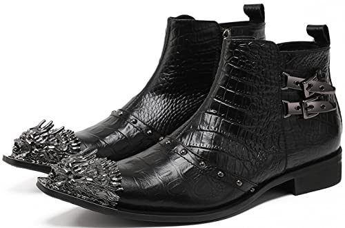 Santimon Men's Chelsea Boots - Genuine Leather Western Ankle Boots with Metal Wingtip-Toe, Zipper & Buckles - Dress & Casual Boots for Party, Disco, Wedding, Prom & Singer - Main Image