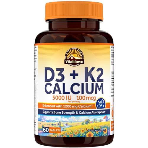 Vitalitown Vitamin D3 K2 Calcium 1200 mg Vitamin D3 5000 IU High Potency Bone Strength Teeth & Immune System Support Maximum Absorption Easily Absorbable for Women & Men 60 Tablets
