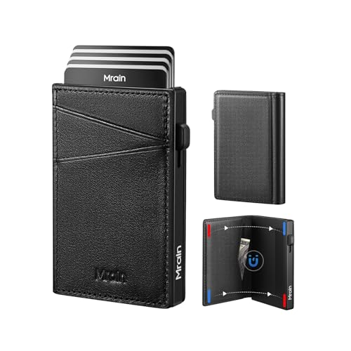 Men's Slim Premium Leather Wallet Pop Up Card Holder RFID Blocking Metal Wallet with Push Button Minimalist Design for Credit Card Holder Magnetic Closure (Black)