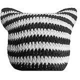 tinacrochetstudio Women Cat Ear Beanie Hat Striped Crochet Animal Unisex Headwear Homemade Chirstmas Gifts (Adult, Black and White), One Size