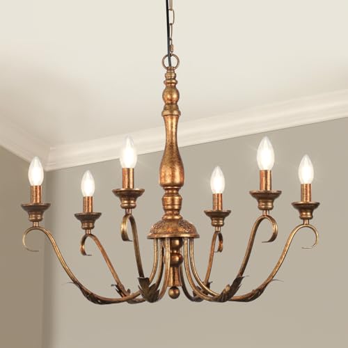KMaiPem 6-Light Farmhouse Chandeliers for Dining Room 23.62 Vintage Brass Gold Chandelier Adjustable Rustic Metal Hanging Pendant Light Fixture for Kitchen Island Entryway Foyer Bedroom Hallway