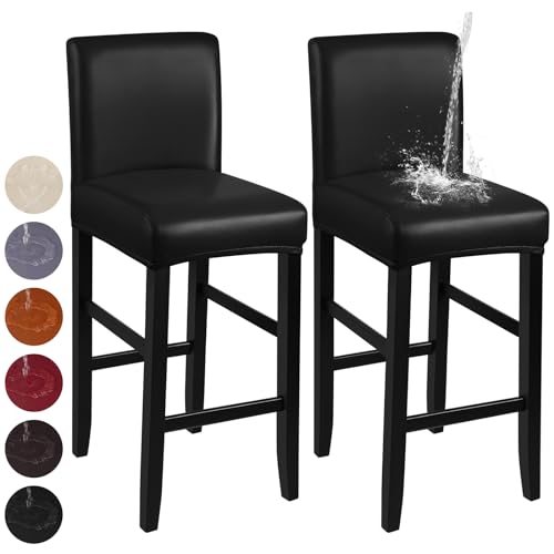 Image of YISUN Bar Stool Covers, Stretch Waterproof PU Bar Stool Slipcover Removable Washable Bar Stool Chair Covers, High Chair Cover with Elastic Bands (2 Pack, Black)