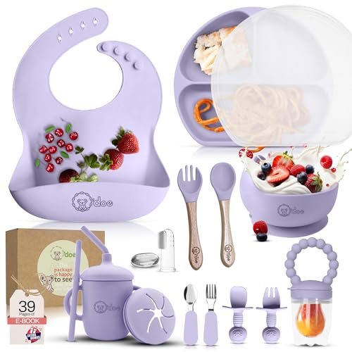 Image of O'doe 17-Piece BPA-Free Silicone Baby Feeding Set | Thick & Soft Suction Plates, Baby Bowls, Wooden Fork & Spoon, and More | Make Mealtime Fun and Easy for Your Little One (Purple, V2)