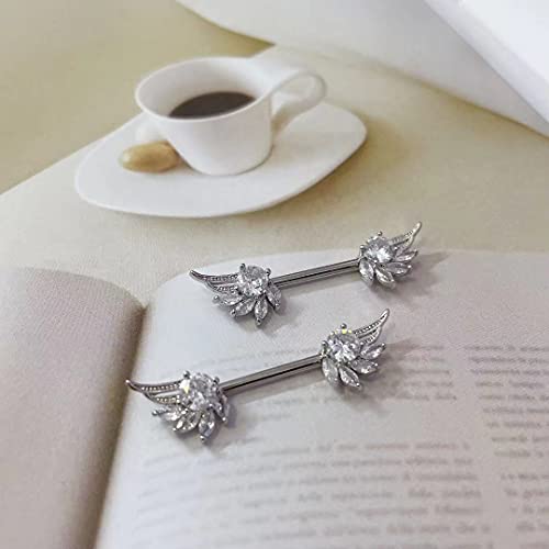 Vuzalrano 14G Angel Wings Stainless Steel Nipple Rings Sparkling Cubic Zirconia Cz Straight Barbell Tongue Ring Nipple Ring Shield Bar Piercing Body Girlfriend #TOP1