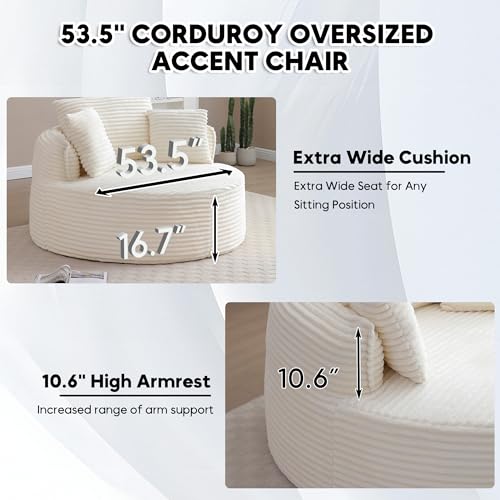 Image of Oversized Round Chair Lounge Chaise Indoor, 53.5 inch Upholstered Corduroy Deep Seat Single Cloud Sofa Chair, Fluffy Modern Large Circle Boneless Sleeper Sofa for Living Room, Bedroom, Beige White