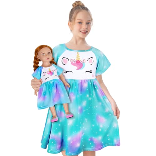 Play Tailor Doll and Girl Matching Nightgown Unicorn Outfit Pajamas Night Dress for Girls and 18\" Dolls Clothes (Doll Not Included), 6-7 Years, Colorful Aqua