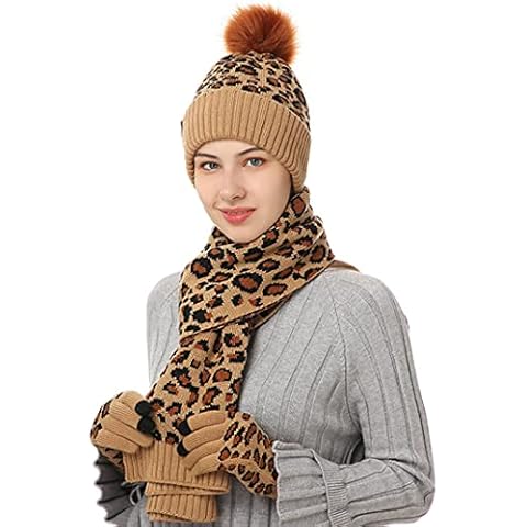 KRIPINC Winter Hat Scarf Gloves Set, Classic Leopard Print Scarf Hat Glove Set, Winter Warm Gift Set for Men Women (Khaki) Cover