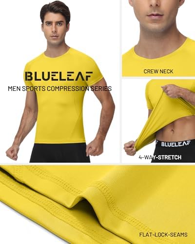 Blueleaf 2 Pack Men’s Compression Shirts Short Sleeve Cool Dry Sports Athletic Workout Undershirt Base Layer T-Shirt Tops Black +Golden Yellow M - 2