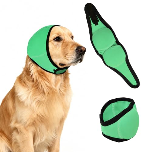 Image of Dog Ear Cover for Noise Protection & Anxiety Relief, Adjustable No Shake Ear Wrap for Firework, Hematoma, Bathing, Swim, Grooming and Force Drying (Green, L(Head Size:18 inch-24 inch))
